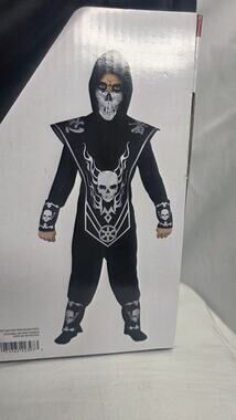 Skull Ninja Costume Boys Medium 8 Black Hooded Shirt Mask Gloves Halloween